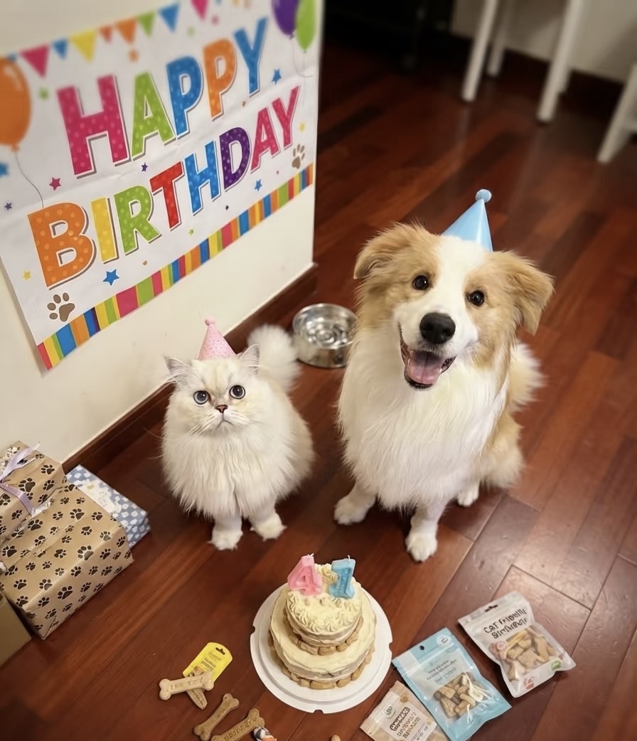 誕生日の思い出と一緒に写る犬と猫の参考写真